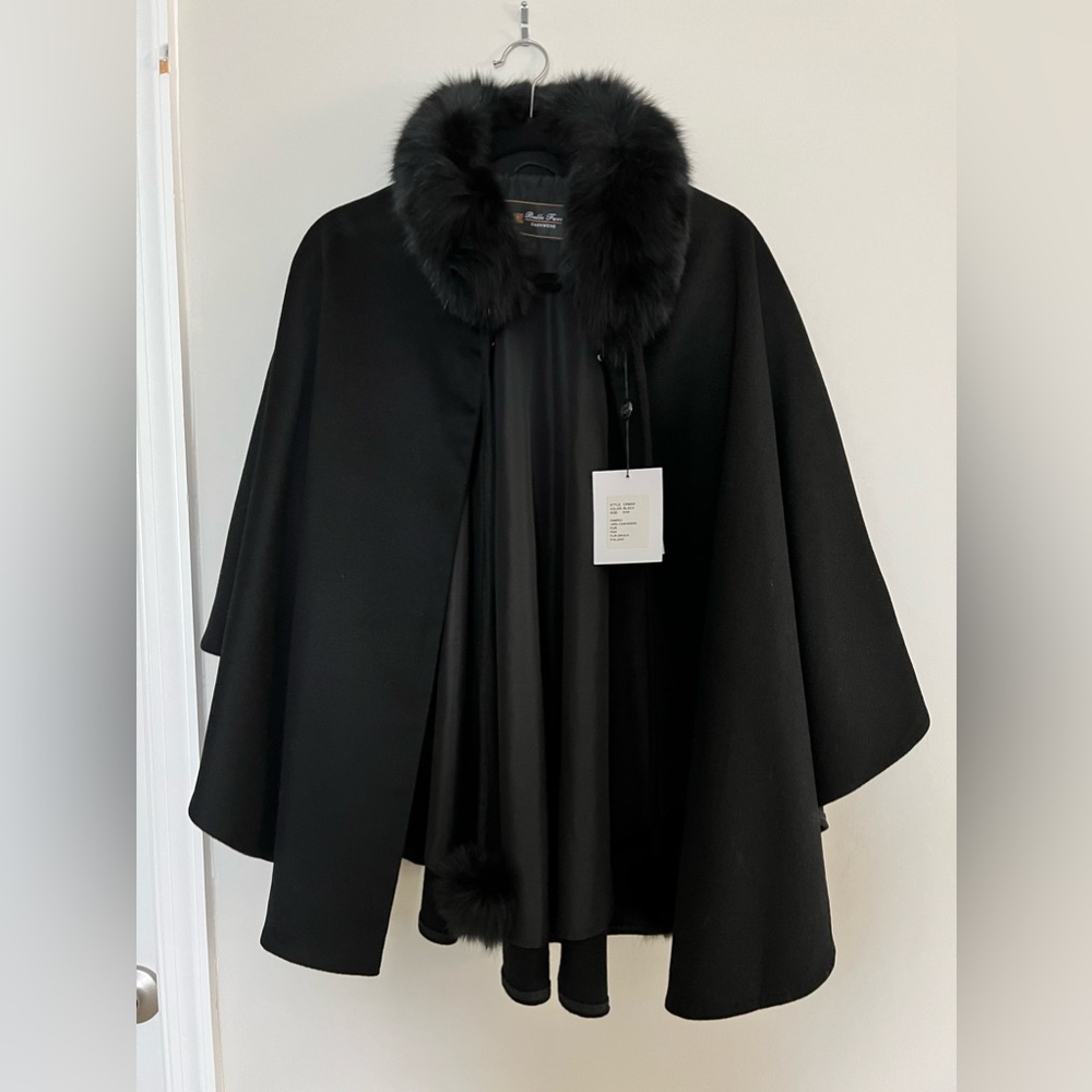 Belle Fare Cashmere Poncho with Fox Fur. Brand new